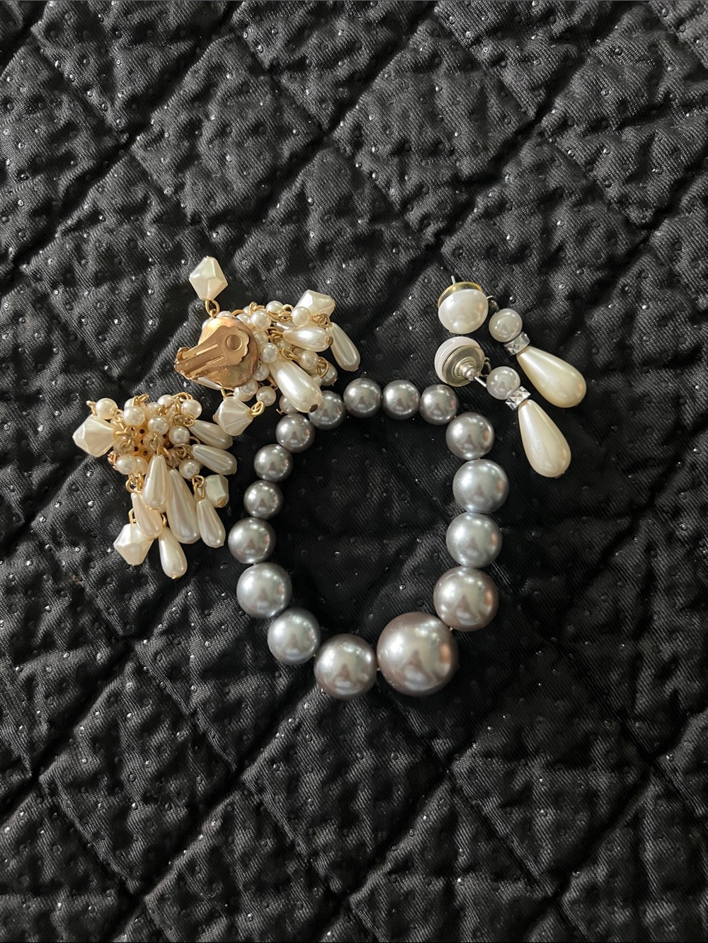 Pearl Cluster Bracelet , Drop pearl pierced  Earrings Set and cluster clip-ons